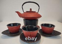 Teavana Japanese Red Dragonfly Iron Teapot Set withStrainer, Coaster, Cups&Saucers