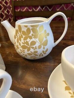 Teavana Tea Pot Cups Saucer Set Gold Colored Floral Leaves Fine Porcelain 2014