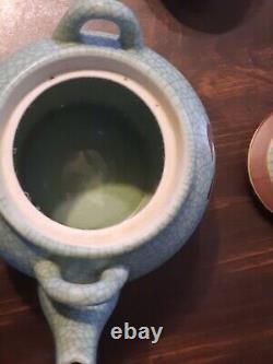 Teavana Tea Set of 5 Teacups & Tea Pot Light Blue Teal Fine Stoneware Japan