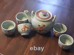 Teavana Tea Set of 5 Teacups & Tea Pot Light Blue Teal Fine Stoneware Japan Rare