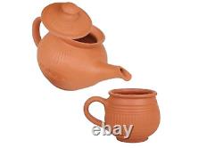 Terracotta Tea Kettle with Lid and Tea Cup Set, Handmade Earthen Clay Pot Kettle