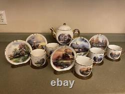 Thomas Kincade Teapot With 5 Cups And Saucers, A Complete Set