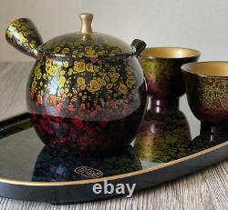 Tokoname ware teapot and 2 cup set boxed in wood, Shoryu Tenmoku made in Japan