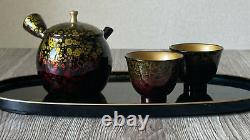 Tokoname ware teapot and 2 cup set boxed in wood, Shoryu Tenmoku made in Japan