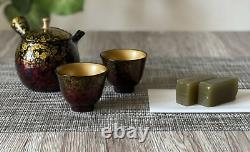 Tokoname ware teapot and 2 cup set boxed in wood, Shoryu Tenmoku made in Japan