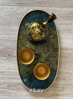 Tokoname ware teapot and 2 cup set boxed in wood, Shoryu Tenmoku made in Japan
