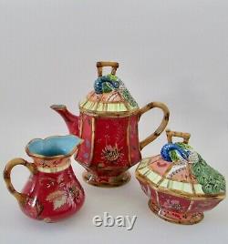 Tracy Porter Artesian Road Red Peacock Bamboo Teapot Set 3