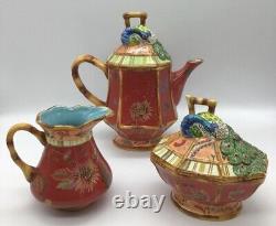 Tracy Porter Artesian Road Tea Pot Creamer Sugar Set Peacock Theme