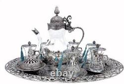 Traditional Ottoman Style Turkish Tea Set for 6 Incl Glass Teapot & Large Tray