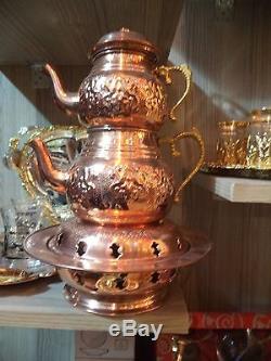 Traditional Turkish Ottoman Hand Hammered Copper Tea Pot with Fondue Set, Samovar