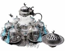 Traditional Turkish Style Tea Set for 6 incl Tray & Teapot with Colorful Stones