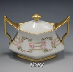 Tresseman Vogt Limoges Tea Set Teapot Sugar And Creamer Pink Roses Antique