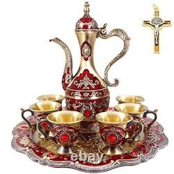 Turkish Coffee Pot and Cup Set, Vintage Tea Set Including Tea Pot, 6 Metal Cups