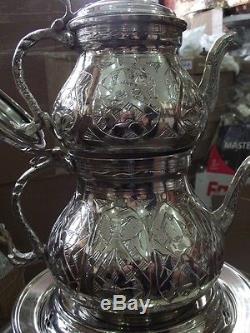 Turkish Made Copper Teapot Set, Tea Kettle, Samovar with Warmer Nickel Plated