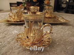 Turkish Tea Coffee Glasses Set of 6 Teacups + Saucers Gold Band