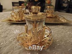 Turkish Tea Coffee Glasses Set of 6 Teacups + Saucers Gold Band