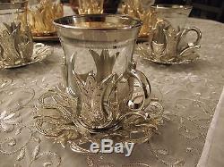 Turkish Tea Coffee Glasses Set of 6 Teacups + Saucers Gold Band