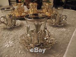 Turkish Tea Coffee Glasses Set of 6 Teacups + Saucers Silver Band