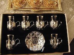 Turkish Tea Coffee Glasses Set of 6 Teacups + Saucers Silver Band