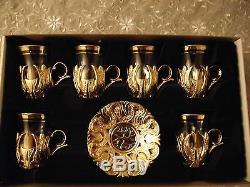 Turkish Tea Coffee Glasses Set of 6 Teacups + Saucers Silver Band