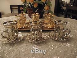 Turkish Tea Coffee Glasses Set of 6 Teacups + Saucers Silver & Gold Band