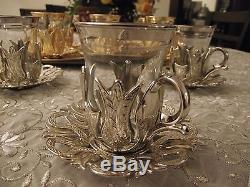 Turkish Tea Coffee Glasses Set of 6 Teacups + Saucers Silver & Gold Band