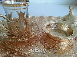 Turkish Tea Coffee Glasses Set of 6 Teacups + Saucers + Sugar Bowl and Tray