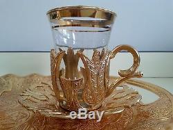 Turkish Tea Coffee Glasses Set of 6 Teacups + Saucers + Sugar Bowl and Tray