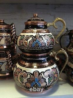 Turkish Traditional Handmade Copper Tinned Teapot Set Semaver Large 26cm