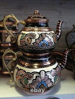 Turkish Traditional Handmade Copper Tinned Teapot Set Semaver Large 26cm
