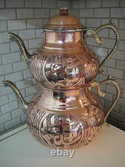 Turkish Traditional Handmade Handhammered Copper Teapot Set Semaver Large