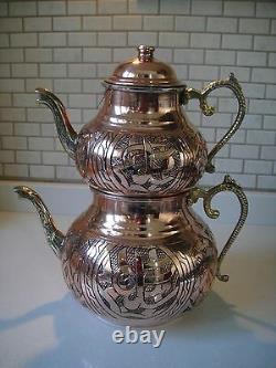 Turkish Traditional Handmade Handhammered Copper Teapot Set Semaver Large