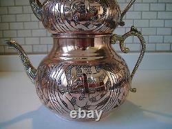 Turkish Traditional Handmade Handhammered Copper Teapot Set Semaver Large