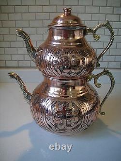 Turkish Traditional Handmade Handhammered Copper Teapot Set Semaver Large