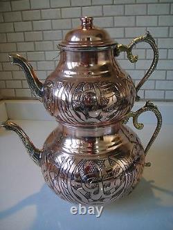 Turkish Traditional Handmade Handhammered Copper Teapot Set Semaver Large