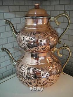 Turkish Traditional Handmade Handhammered Copper Teapot Set Semaver Large