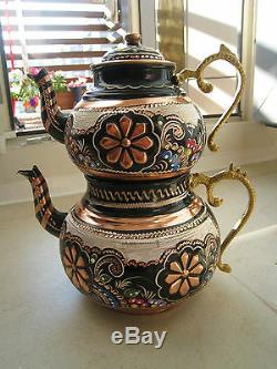 Turkish Traditional Handmade Handhammered Copper Teapot Set Semaver Large 26cm