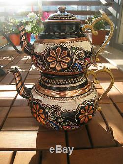 Turkish Traditional Handmade Handhammered Copper Teapot Set Semaver Large 26cm