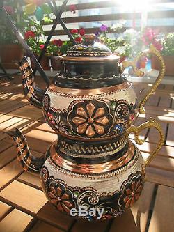 Turkish Traditional Handmade Handhammered Copper Teapot Set Semaver Large 26cm