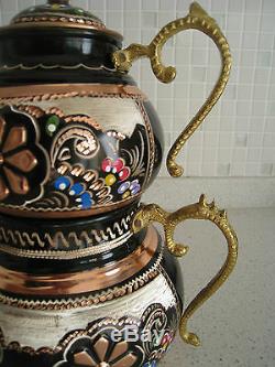 Turkish Traditional Handmade Handhammered Copper Teapot Set Semaver Large 26cm