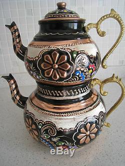 Turkish Traditional Handmade Handhammered Copper Teapot Set Semaver Large 26cm