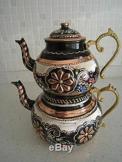 Turkish Traditional Handmade Handhammered Copper Teapot Set Semaver Large 26cm