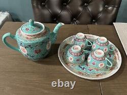 Turquoise Mun Shou Longevity Rose Jingdezhen Teapot Tray and Cups Vtg Set