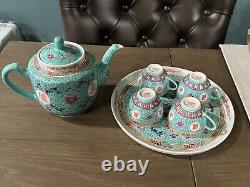 Turquoise Mun Shou Longevity Rose Jingdezhen Teapot Tray and Cups Vtg Set