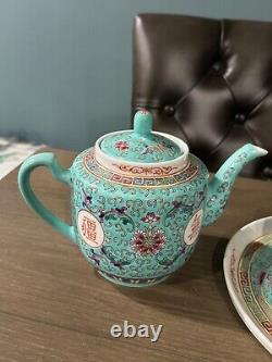 Turquoise Mun Shou Longevity Rose Jingdezhen Teapot Tray and Cups Vtg Set