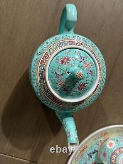 Turquoise Mun Shou Longevity Rose Jingdezhen Teapot Tray and Cups Vtg Set
