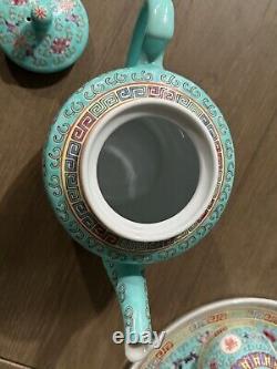 Turquoise Mun Shou Longevity Rose Jingdezhen Teapot Tray and Cups Vtg Set