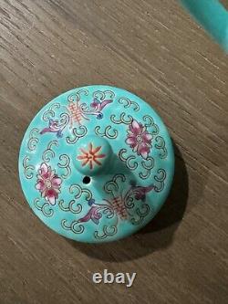 Turquoise Mun Shou Longevity Rose Jingdezhen Teapot Tray and Cups Vtg Set