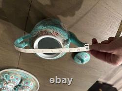 Turquoise Mun Shou Longevity Rose Jingdezhen Teapot Tray and Cups Vtg Set
