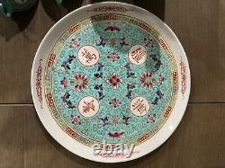 Turquoise Mun Shou Longevity Rose Jingdezhen Teapot Tray and Cups Vtg Set